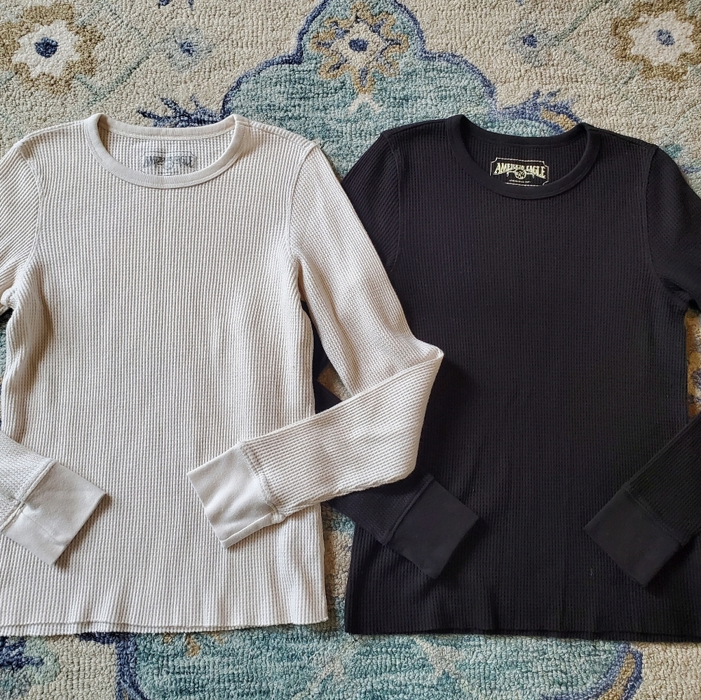 American Eagle Black and White Waffle Knit Thermal Tops S